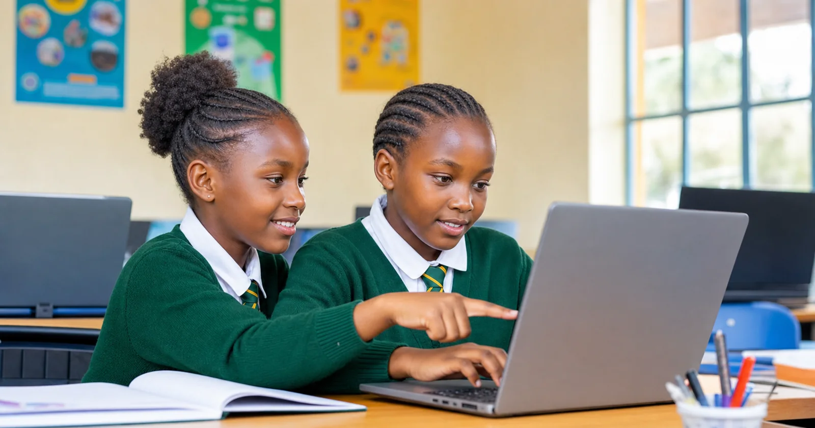 Kenyan learners building digital skills together in a computer room