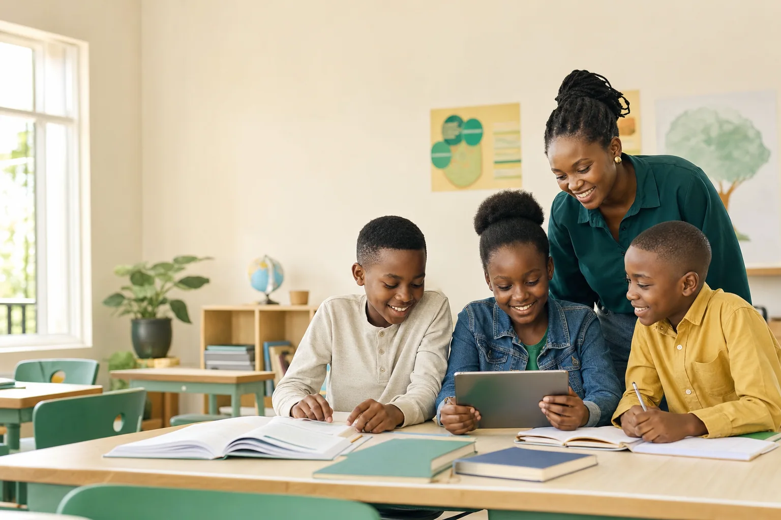 Kenyan learners and a teacher studying together in a bright classroom