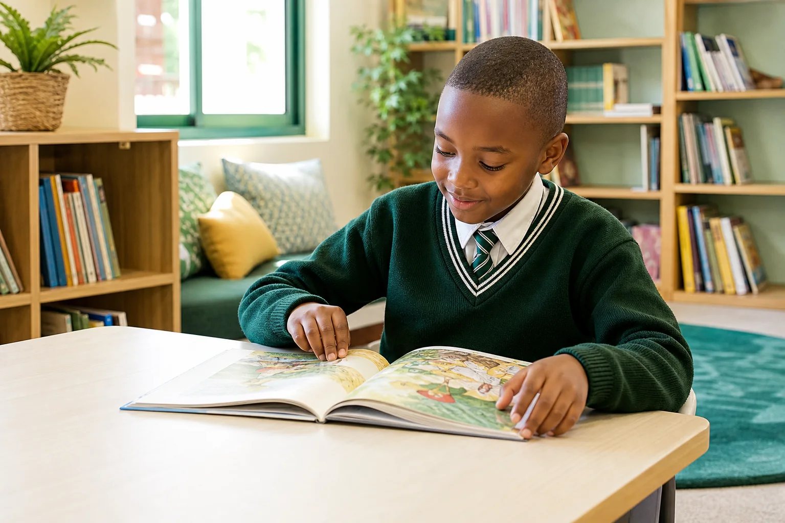 Kenyan learner reading in a school library
