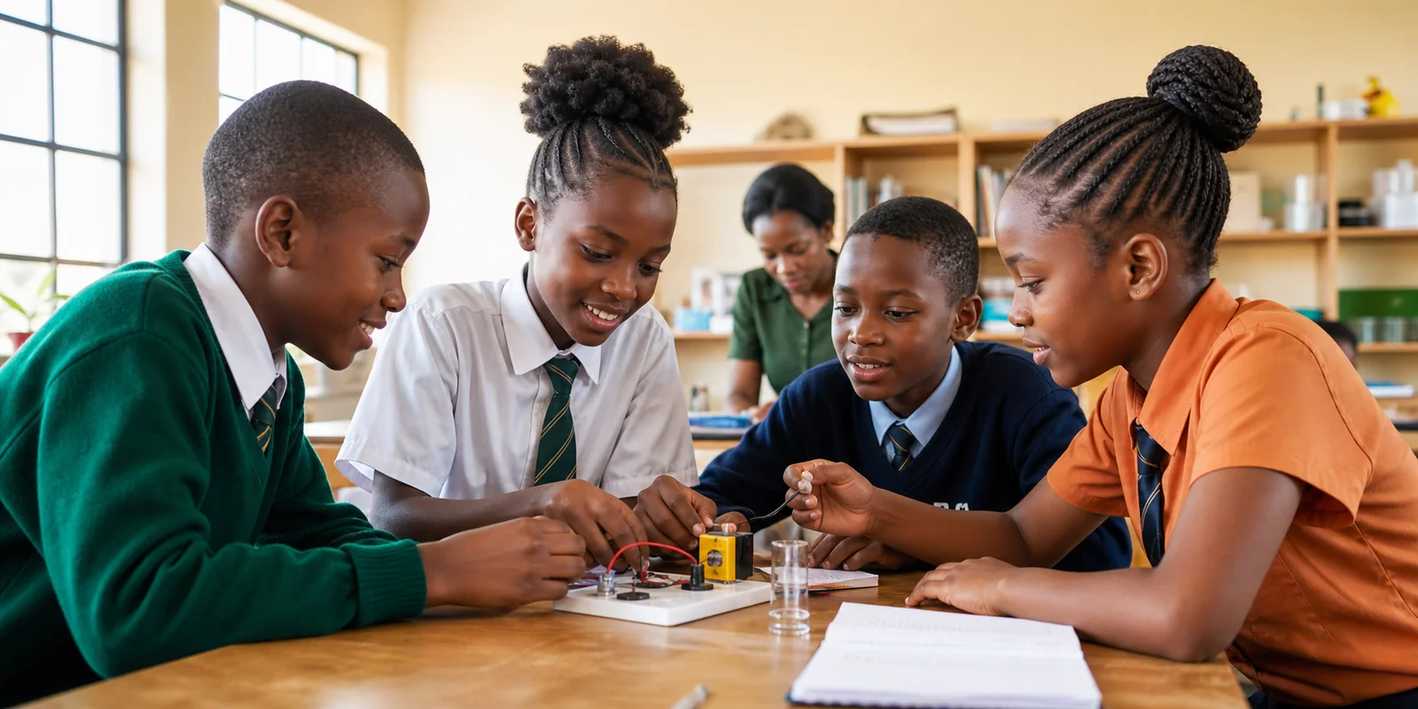 Kenyan learners collaborating on a hands-on science activity
